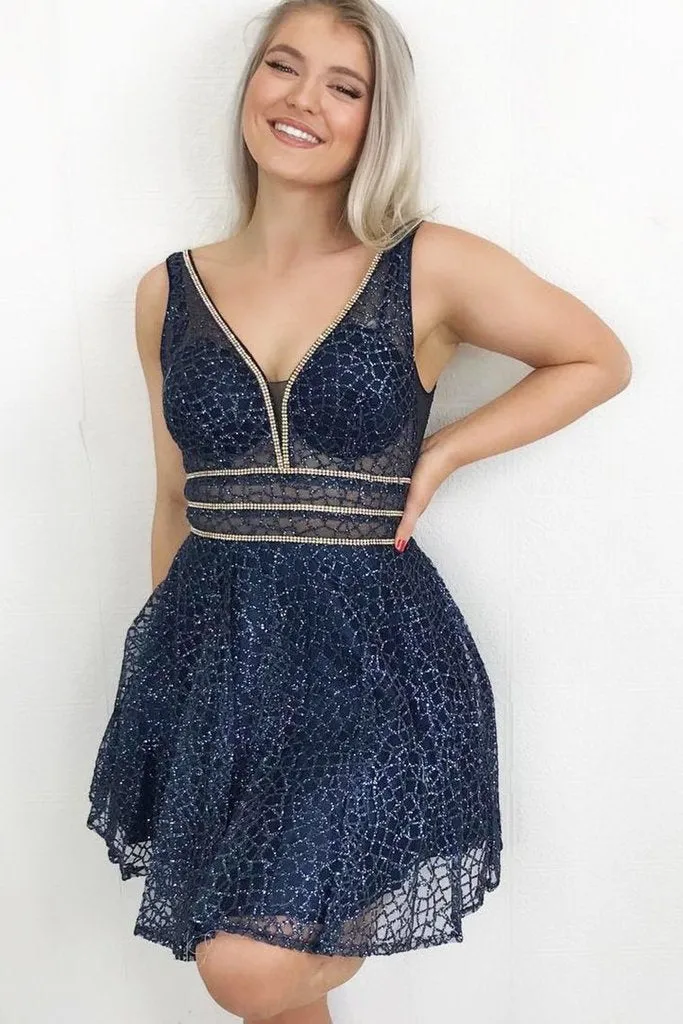 Sparkling A Line V Neck Sequins Navy Blue Homecoming Dress With Beads OK1016