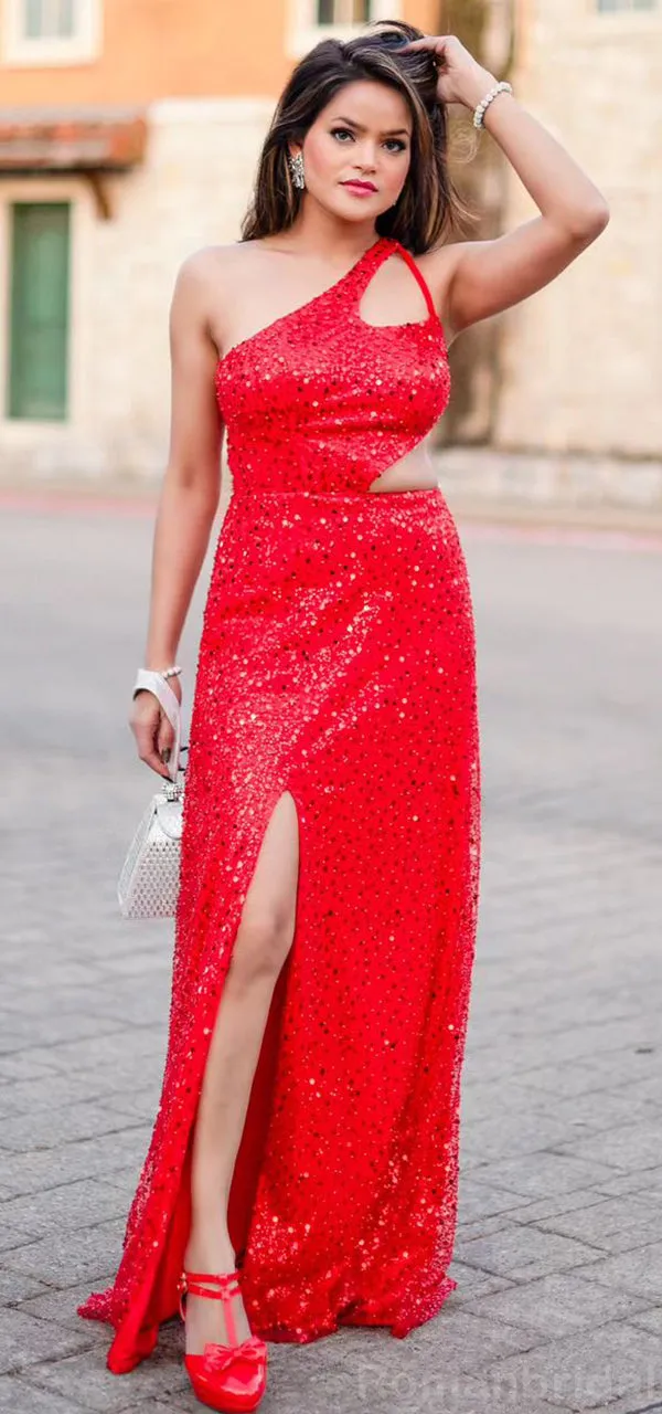 Sparkly One Shoulder A-line Side Slit Sequins Long Bridesmaid Dresses, BG413