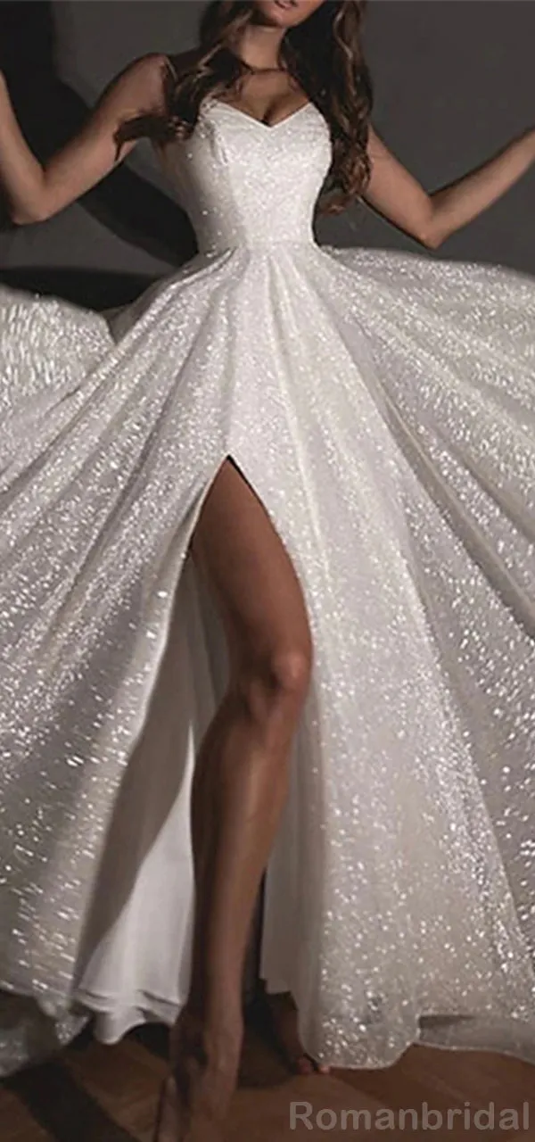 Sparkly Spaghetti Straps A-line Ivory Long Evening Prom Dress with Side Slit, OL064