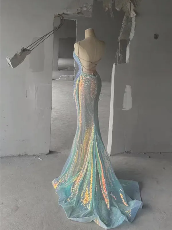 Sparkly Spaghetti Straps Mermaid V-neck Long Prom Dresses Online, OL709