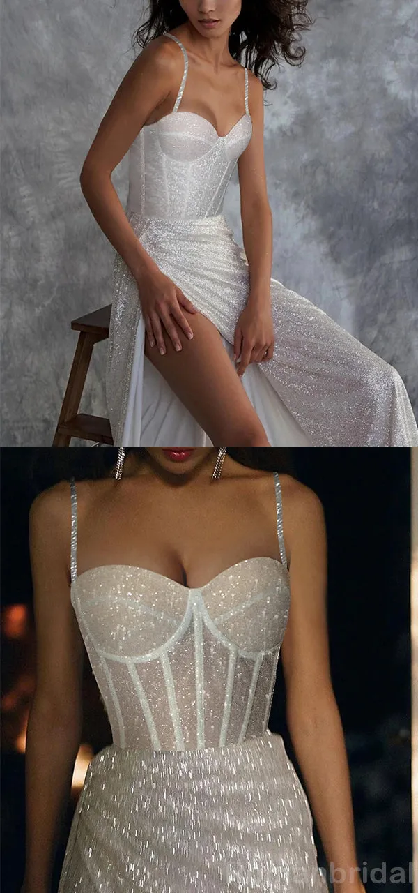 Sparkly Spaghetti Straps Mermaid White Long Evening Prom Dress with Side Slit, OL060