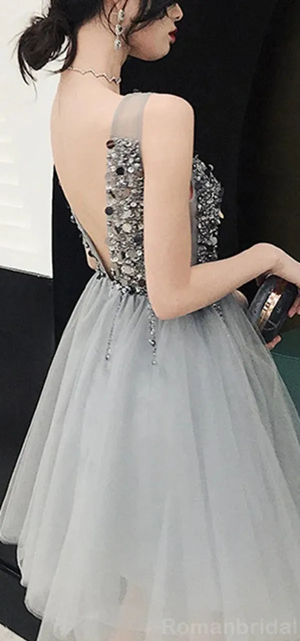 Sparkly V-neck A-line Sleeveless Sequins Short Homecoming Dresses Online, HD0697