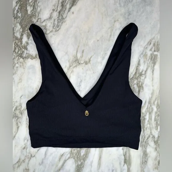 SPIRITUAL GANGSTER Womens V-Neck Plunge Ribbed Black Sports Yoga Bra Size XS