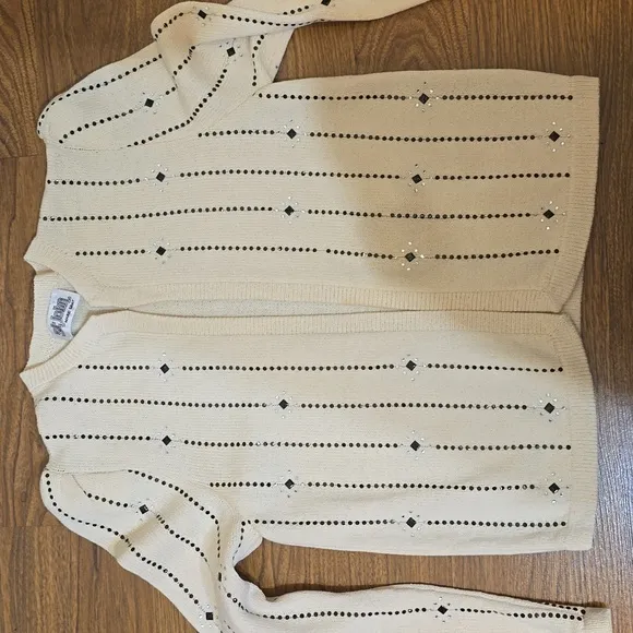 ST JOHN MARIE GRAY SANTANA Rhinestone Cardigan Sweater Cream Black