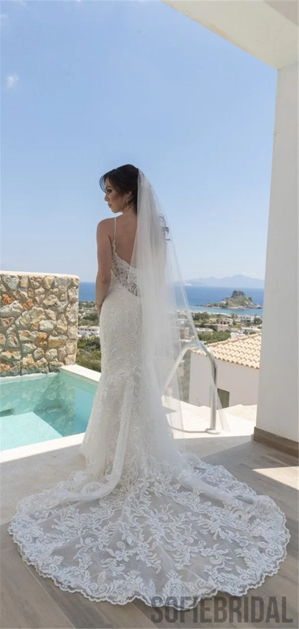 Straghetti Straps Deep V-neck Backless Lace Wedding Dresses, WD0470