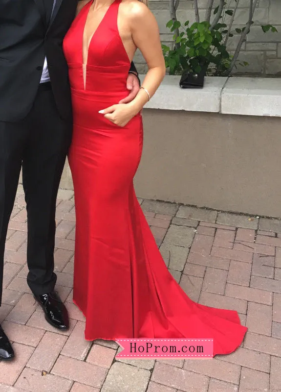 Stretch Plunge Halter Neckline Red Prom Dress Pageant Dresses Open Back