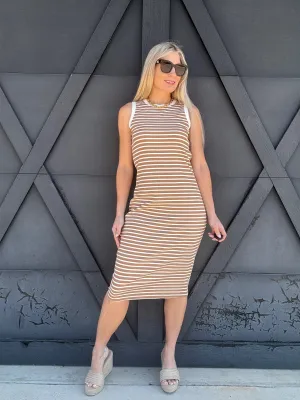 Striped Ribbed Midi Dress In Mocha