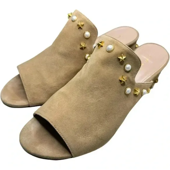 STUART WEITZMAN | Dohickey Star Embellished Suede Mule Slide Sandal Tan Gold 9.5