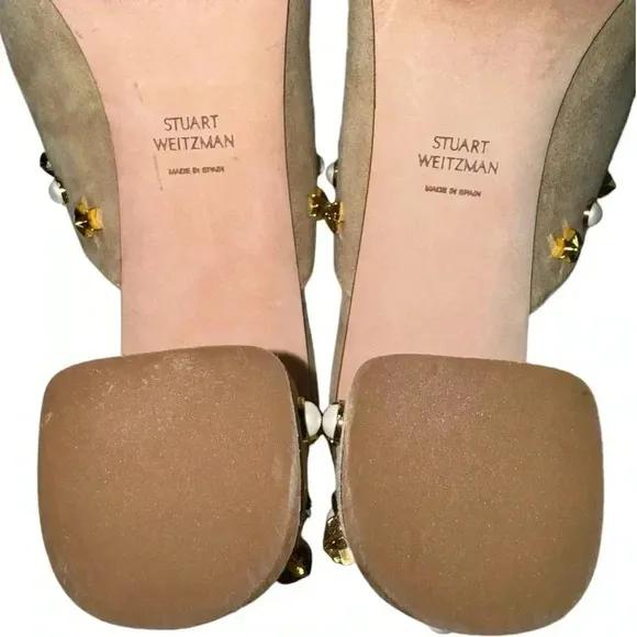 STUART WEITZMAN | Dohickey Star Embellished Suede Mule Slide Sandal Tan Gold 9.5
