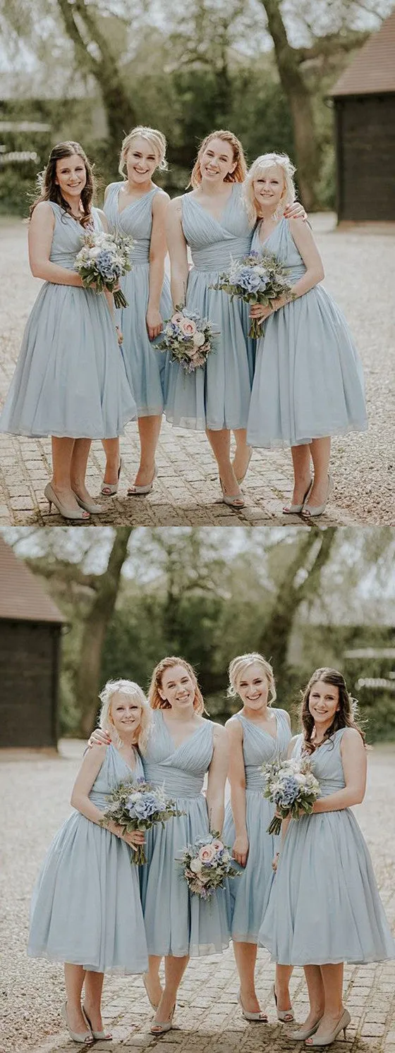 Stunning Chiffon V-neck Tea-length A-line Fitted Bridesmaid Dress With Pleats, BD0497