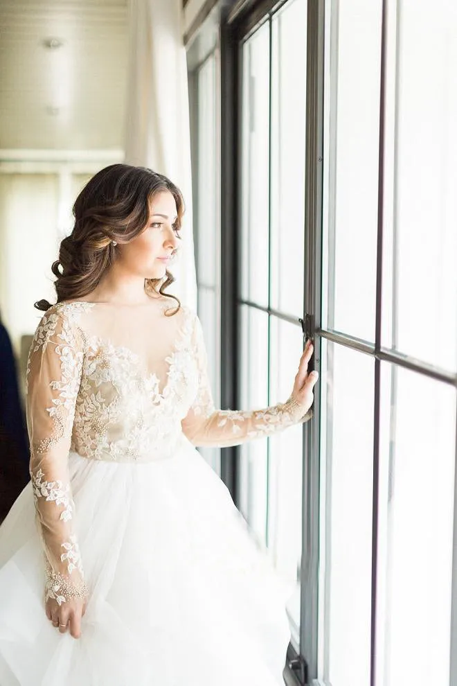 Stunning Plus Size Wedding Dress with Lace Applique and Long Sleeves OKU77