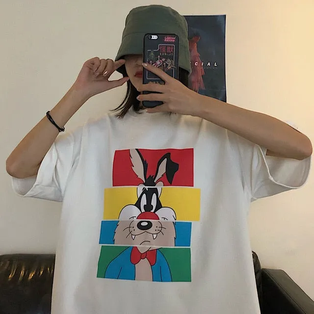 Summer Mid Length Creative Cartoon Rabbit Print Women T-shirt Harajuku Large Size O Neck Tee Shirt High Street Wear Loose Tops