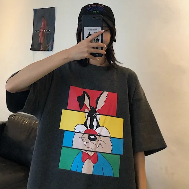 Summer Mid Length Creative Cartoon Rabbit Print Women T-shirt Harajuku Large Size O Neck Tee Shirt High Street Wear Loose Tops