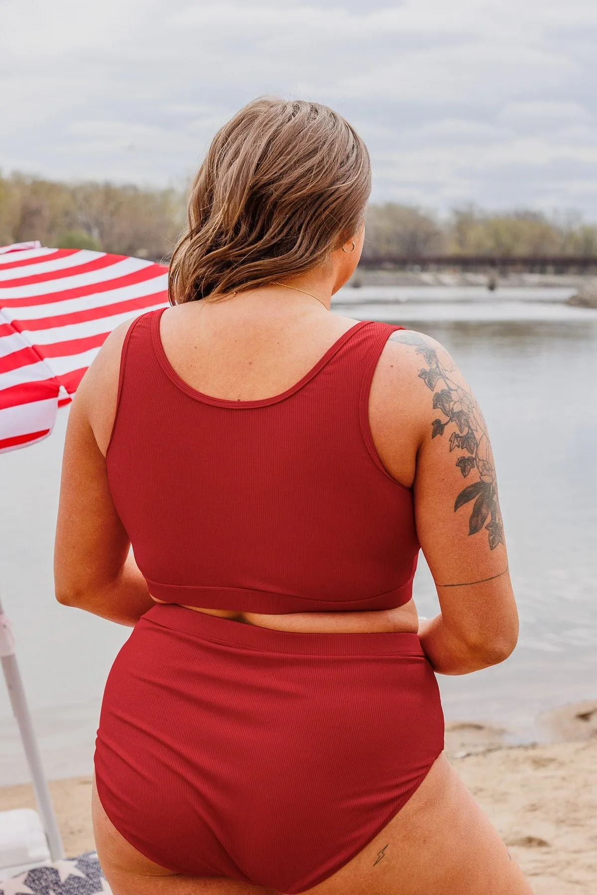 Summertime Shine Ribbed Knit Swim Top- Red