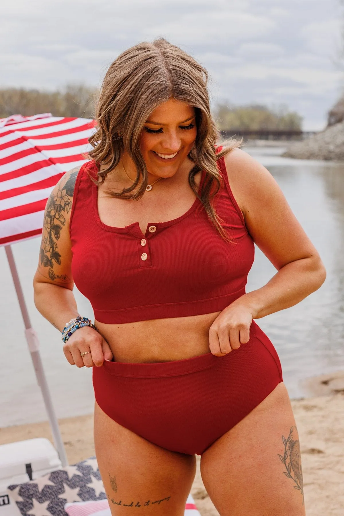 Summertime Shine Ribbed Knit Swim Top- Red