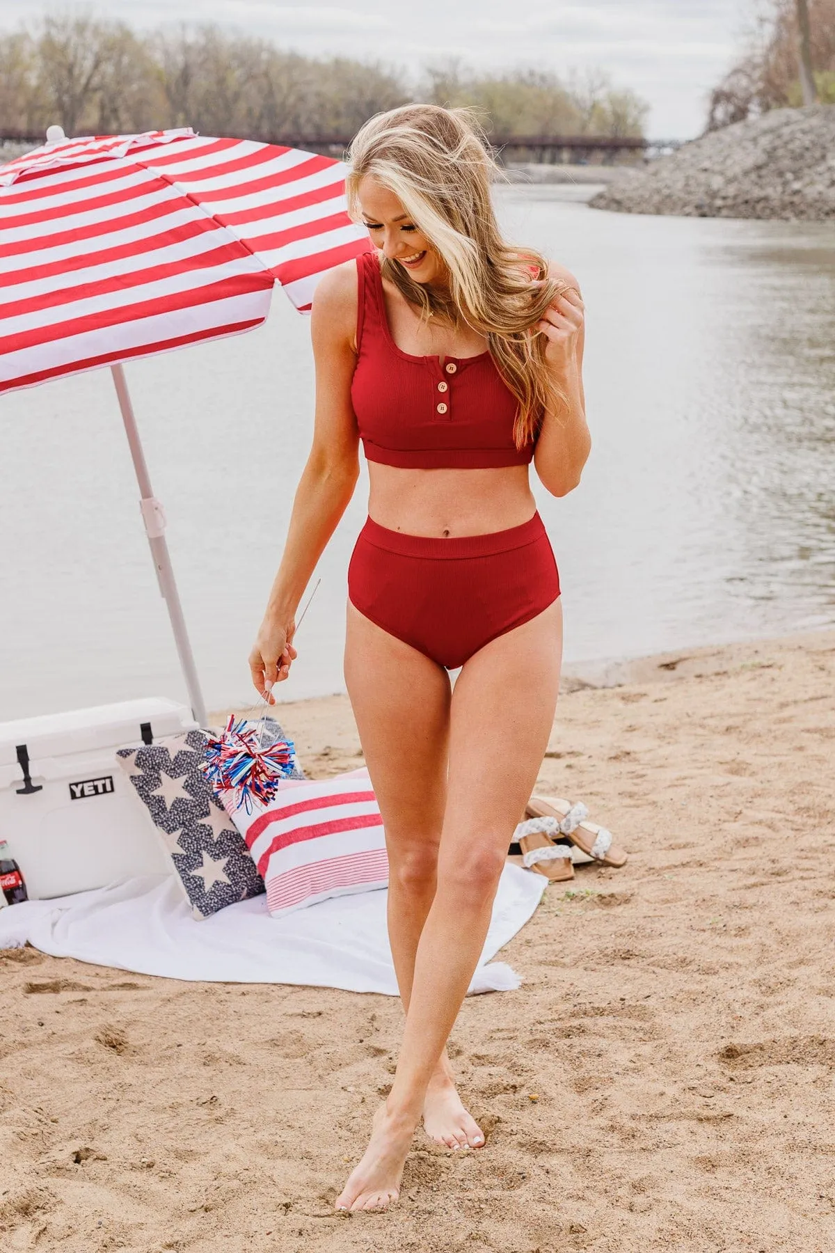 Summertime Shine Ribbed Knit Swim Top- Red