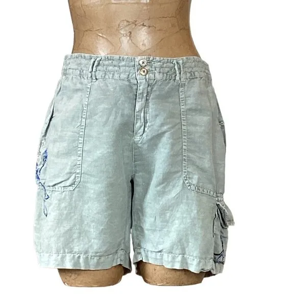 Sundance Kennebunk Linen-Cotton Embroidered Cargo Shorts Sz 10 Green #272D