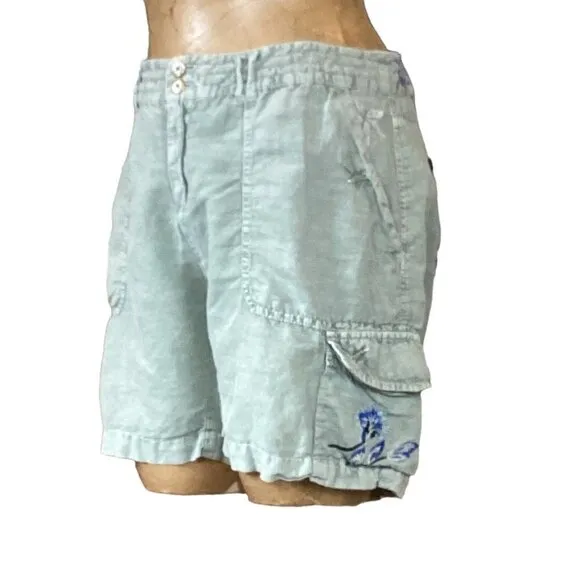 Sundance Kennebunk Linen-Cotton Embroidered Cargo Shorts Sz 10 Green #272D