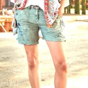 Sundance Kennebunk Linen-Cotton Embroidered Cargo Shorts Sz 10 Green #272D