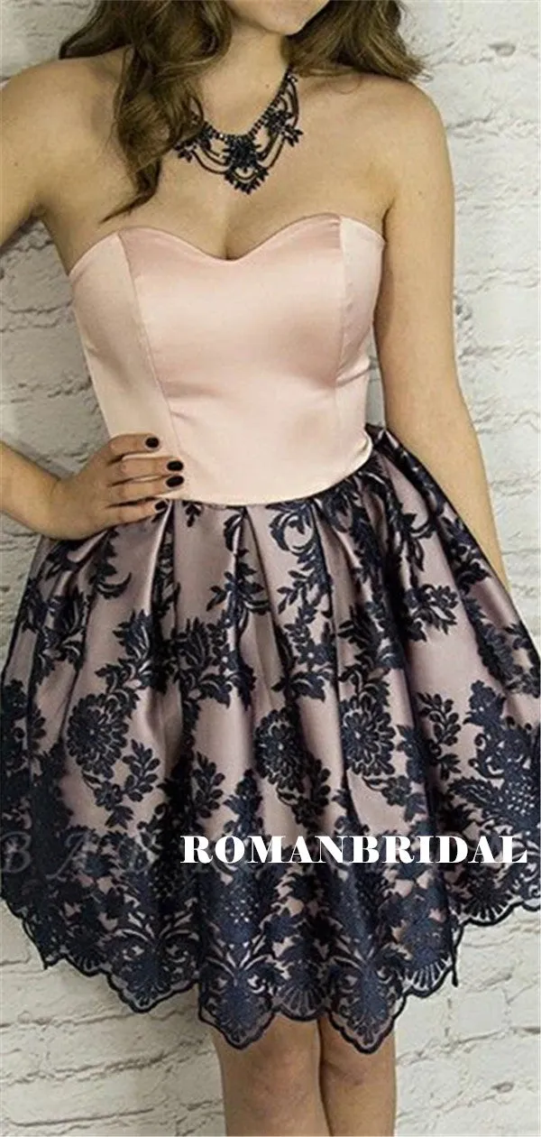 Sweetheart A-line Strapless Lace Applieques Pink Homecoming Dresses, HD0553