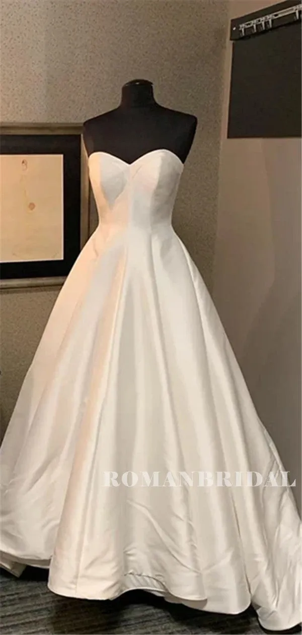 Sweetheart Strapless A-line Satin Wedding Dresses With Train, WD0495