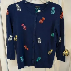Talbots Women’s (XS) Navy Pineapple Charming Cardigan Crewneck Sweater NWT