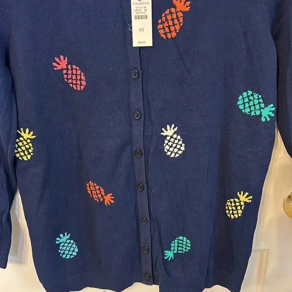 Talbots Women’s (XS) Navy Pineapple Charming Cardigan Crewneck Sweater NWT