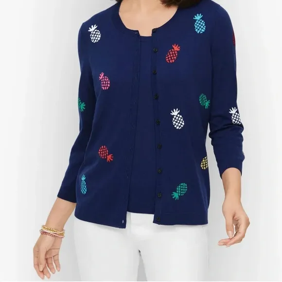 Talbots Women’s (XS) Navy Pineapple Charming Cardigan Crewneck Sweater NWT