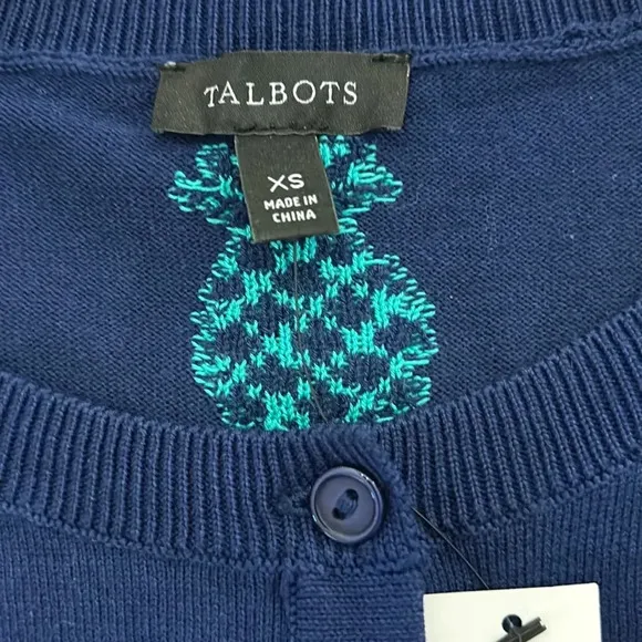 Talbots Women’s (XS) Navy Pineapple Charming Cardigan Crewneck Sweater NWT