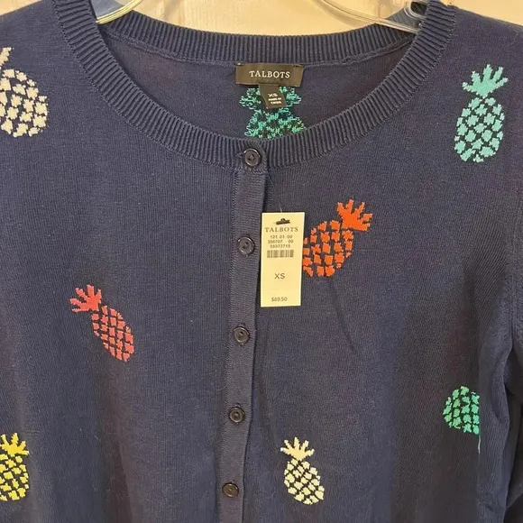 Talbots Women’s (XS) Navy Pineapple Charming Cardigan Crewneck Sweater NWT