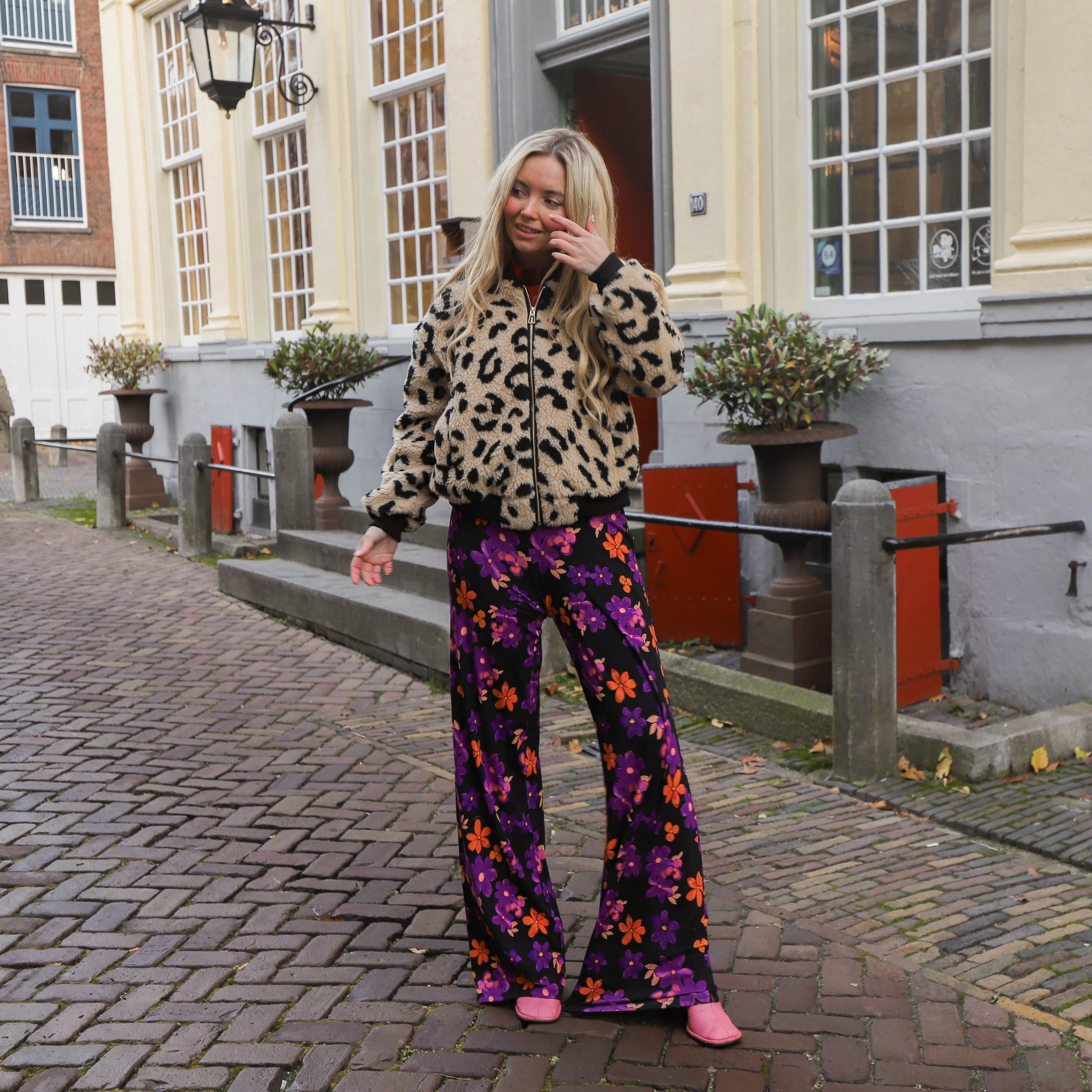 Teddy leopard bomber ecru zwart