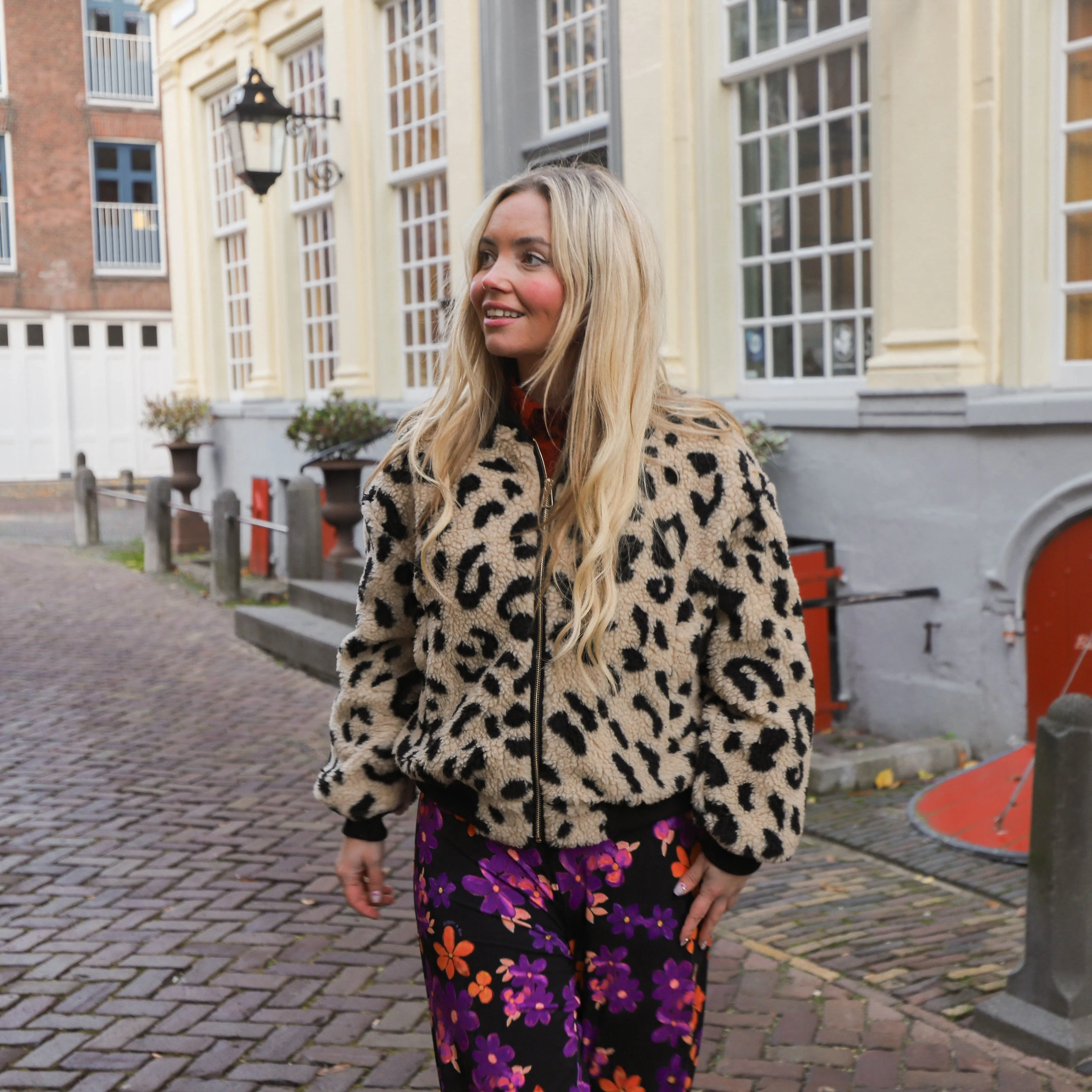 Teddy leopard bomber ecru zwart