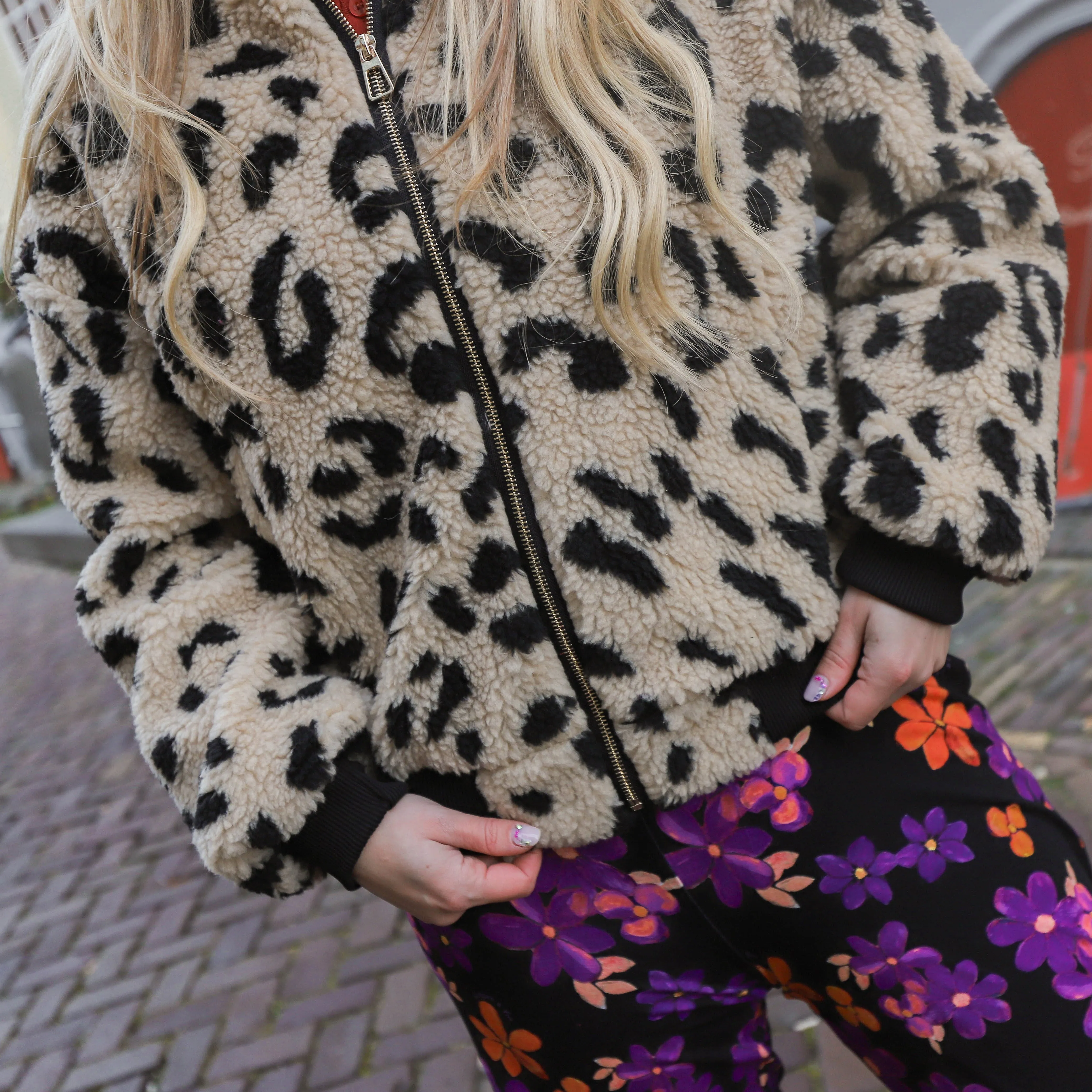 Teddy leopard bomber ecru zwart