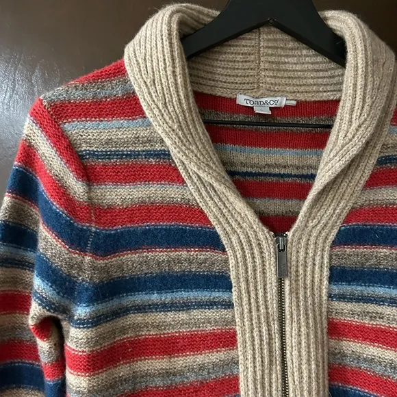 Toad &amp; Co striped 100% Lambswool Zipper fr cardigan sweater