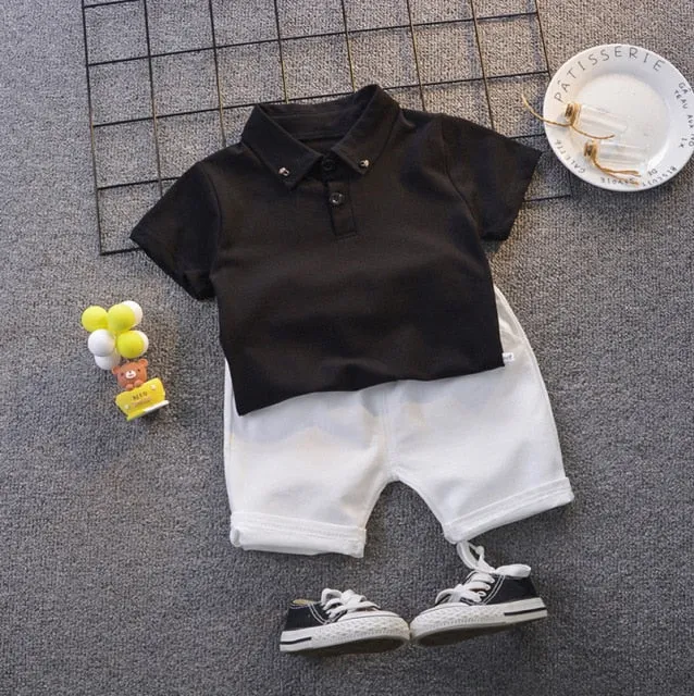 Toddler boy Clothes Set Summer 2 3 Years Fashion Black Short Sleeve T shirt  White Shorts Outfits