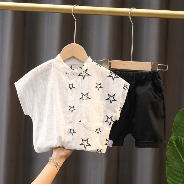 Toddler boy Clothes Set Summer 2 3 Years Fashion Black Short Sleeve T shirt  White Shorts Outfits