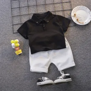 Toddler boy Clothes Set Summer 2 3 Years Fashion Black Short Sleeve T shirt  White Shorts Outfits