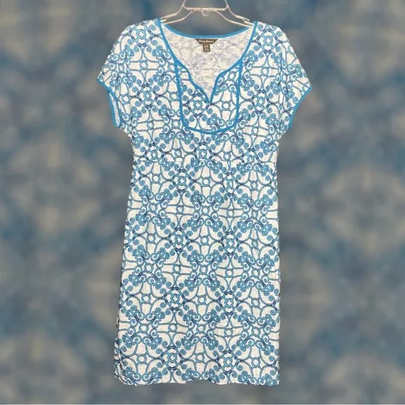Tommy Bahama Short Sleeve Sheath Dress Medium Geometric Print Stretch Waistband