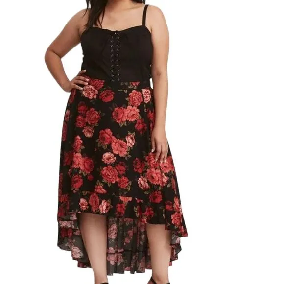 Torrid Rose Black Floral High Low Midi Maxi Casual Summer Formal Flowy Skirt
