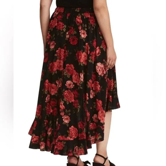 Torrid Rose Black Floral High Low Midi Maxi Casual Summer Formal Flowy Skirt