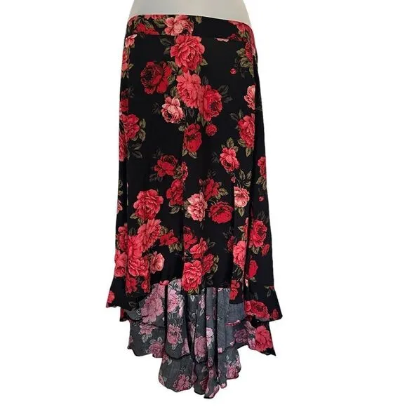 Torrid Rose Black Floral High Low Midi Maxi Casual Summer Formal Flowy Skirt