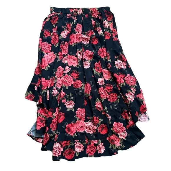 Torrid Rose Black Floral High Low Midi Maxi Casual Summer Formal Flowy Skirt