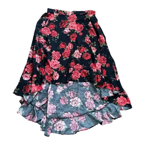 Torrid Rose Black Floral High Low Midi Maxi Casual Summer Formal Flowy Skirt