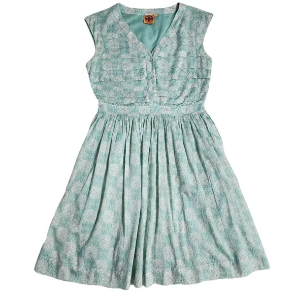 Tory Burch Mint Floral Nico Cotton Flare Dress Size 8