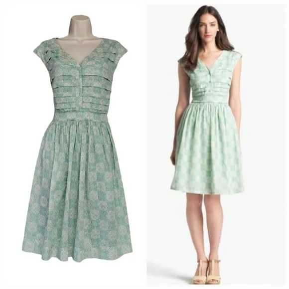 Tory Burch Mint Floral Nico Cotton Flare Dress Size 8