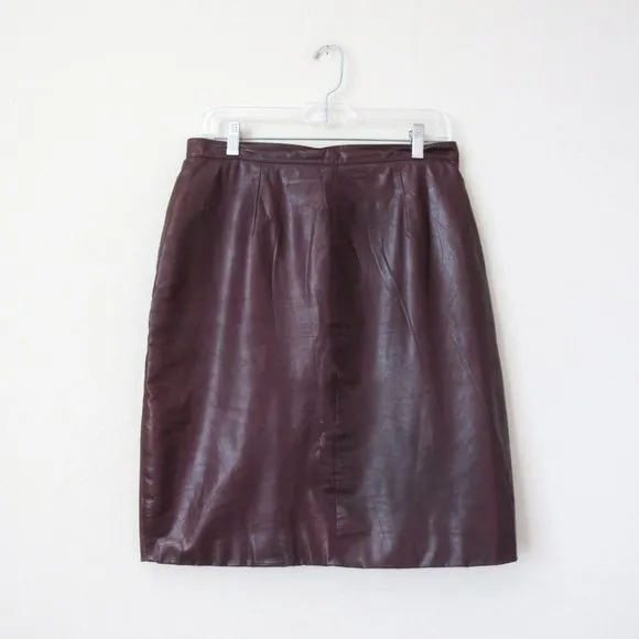 TRUE VINTAGE Burgundy Red Brown Real Leather Skirt Knee Length- fits 8 Medium