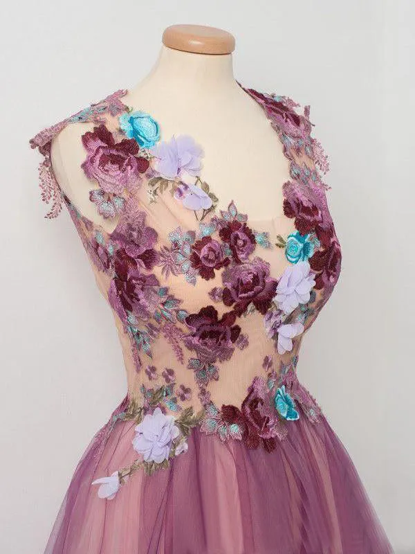 Tulle Flower A Line Prom Dress Scoop neck Appliqued Party Dress OKP15