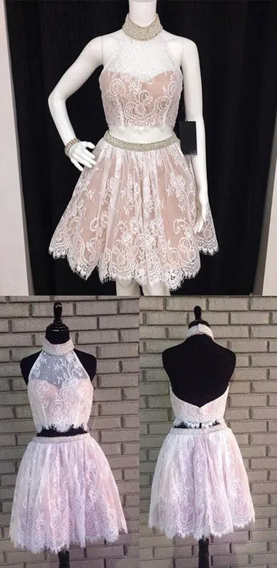 Two Piece A Line Halter Beaded Backless Homecoming Dress, Short Prom Dress, SH294