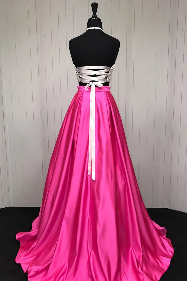 Two Piece A-line Princess Halter Simple Cheap Long Prom Dresses M195
