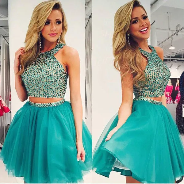 Two Piece Beading Short Prom Dress,Layers Chiffon Halter Homecoming Dress Party Dress,SH119